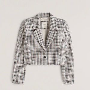 Abercrombie & Fitch A&F Tweed Cropped Blazer Jacket in Navy Blue Plaid